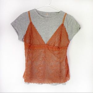 Free People Gray Layered T-Shirt Lace Tank Top S